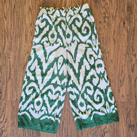 Rachel Zoe Wide Leg Boho Cropped Linen Pants EUC- Women's Size M - Green/Cream - Picture 3 of 11